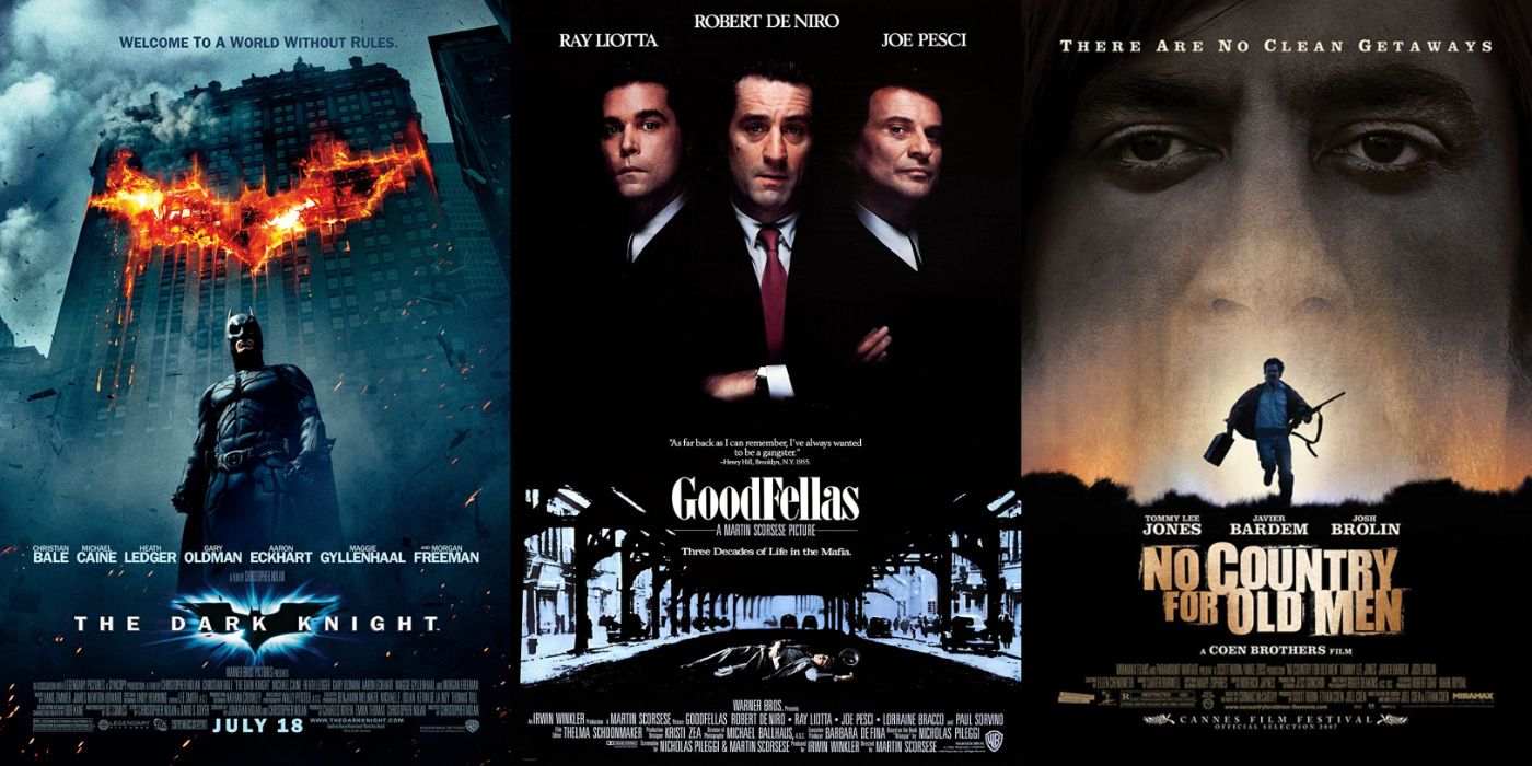 Split image of The Dark Knight, Goodfellas, and No Country for Old Men posters.