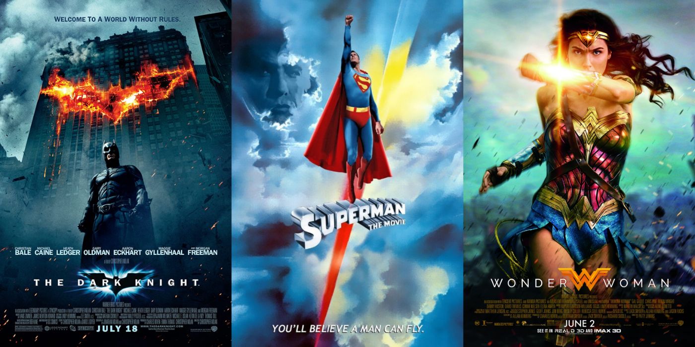 Split image of The Dark Knight, Superman, and Wonder Woman posters.