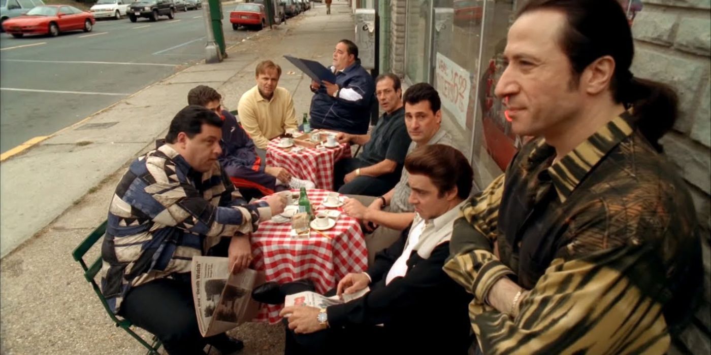 The family sitting outside the deli in The Sopranos in Chrisopher episode