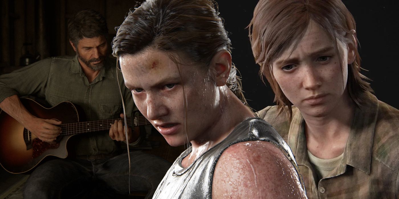 Split image where Joel plays the guitar alone; Abbey glares forward in anger; Ellie sadly plays Joel's guitar in The Last of Us 2