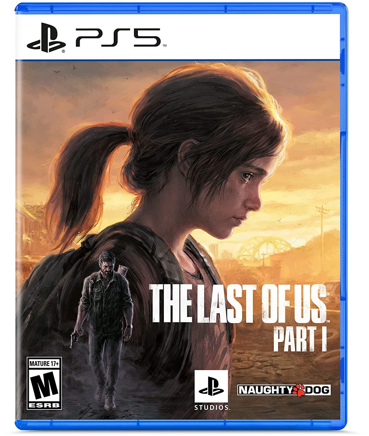 A capa de The Last of Us Part 1 mostra Ellis olhando para baixo e Joel caminhando em direção à câmera