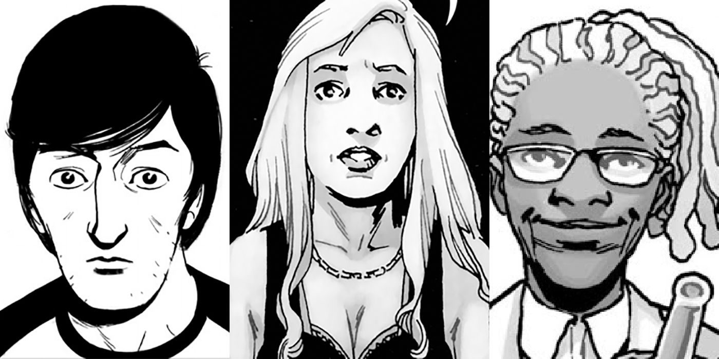 Split image of Jeffrey Grimes, Lucy, and Cloris from The Walking Dead comics.