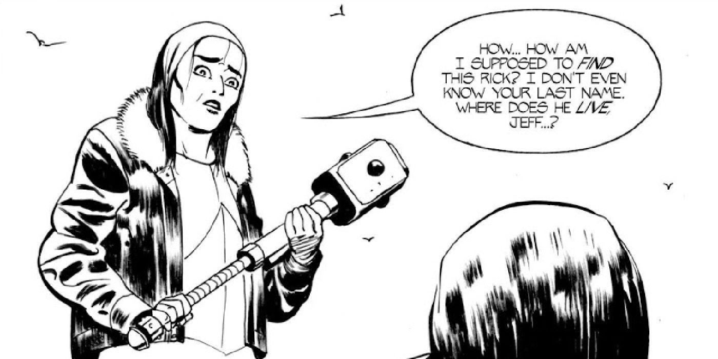 Claudia standing over Jeffrey Grimes in a comic strip from The Walking Dead comic.