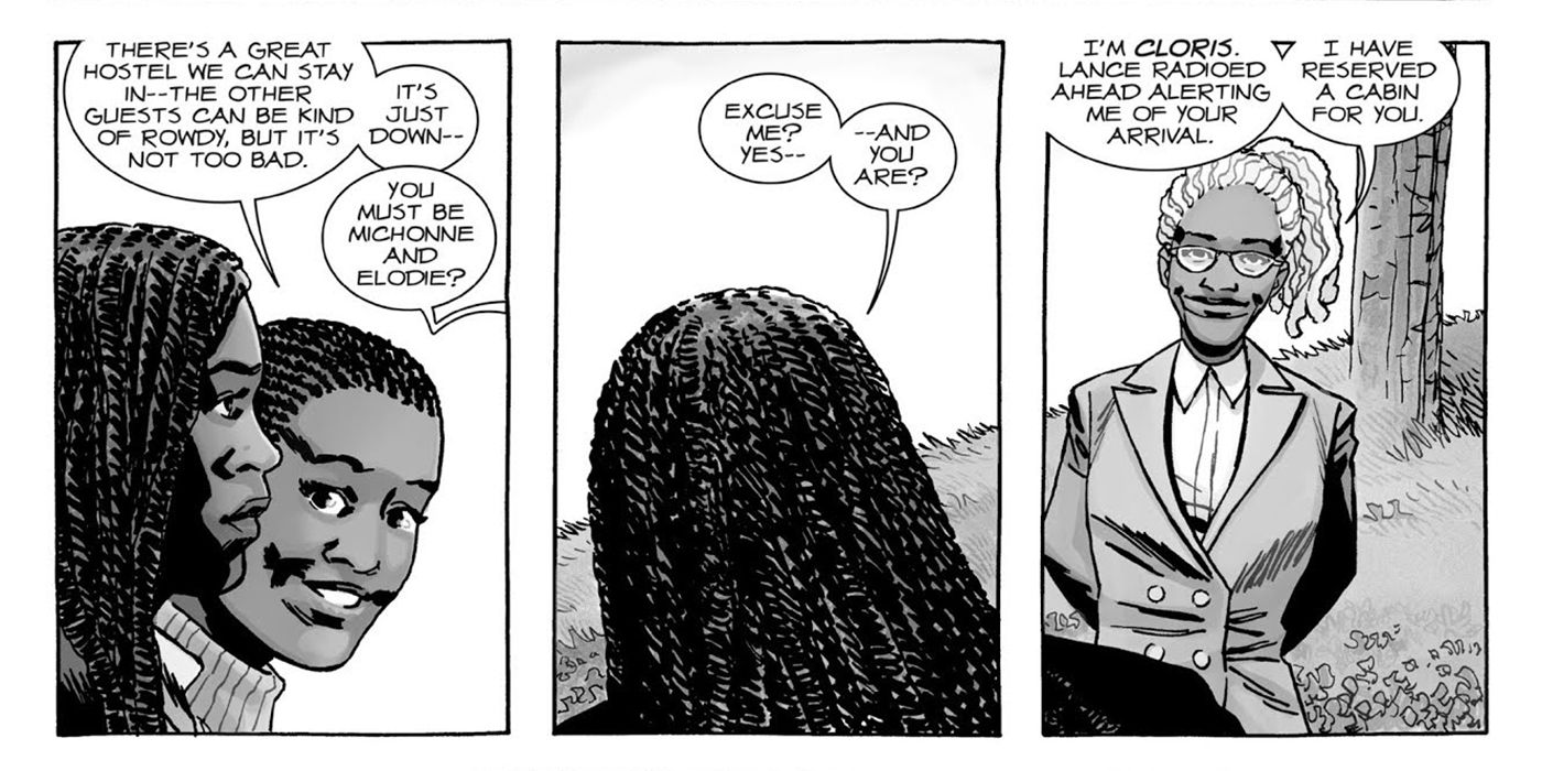 A comic strip from The Walking Dead comics featuring Michonne meeting Cloris.