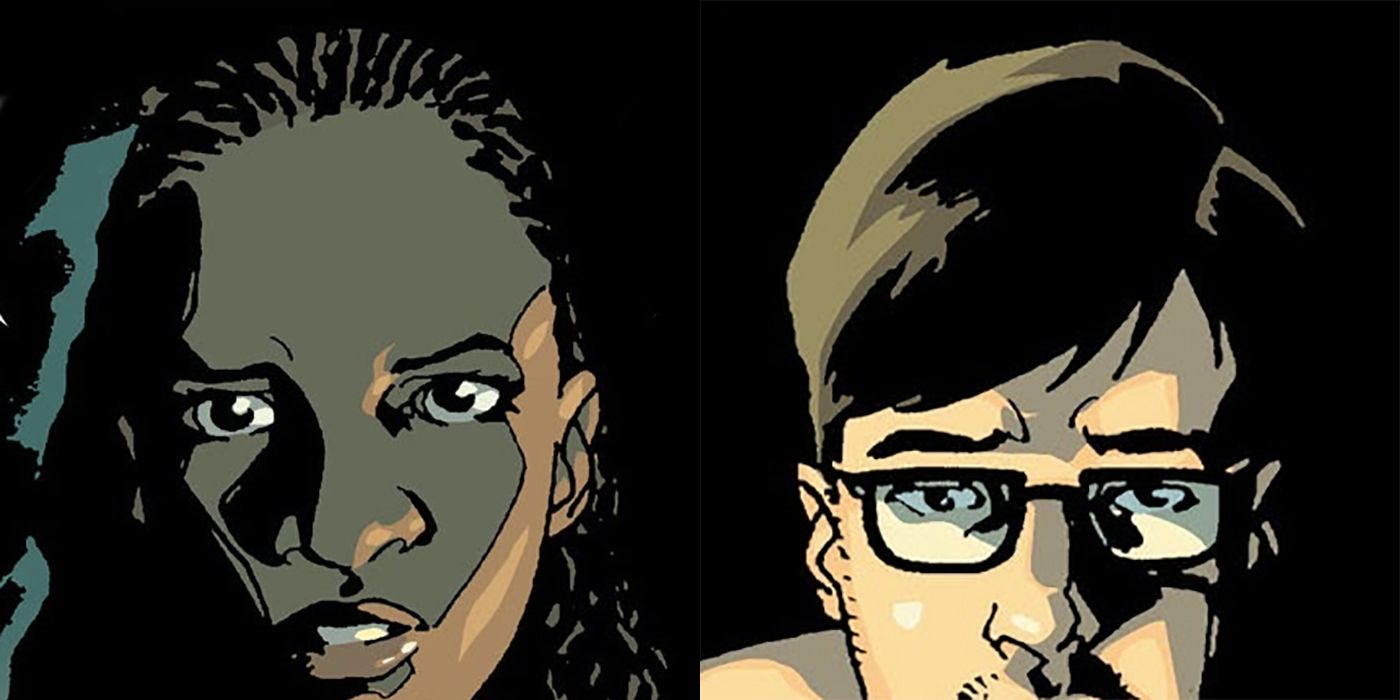 Split image of Julie and Chris from The Walking Dead comics.