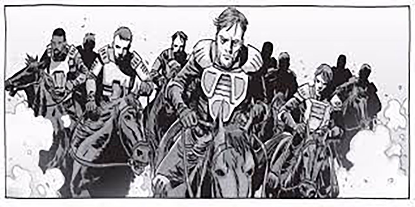Raja William dari komik The Walking Dead memimpin pasukan berkuda.