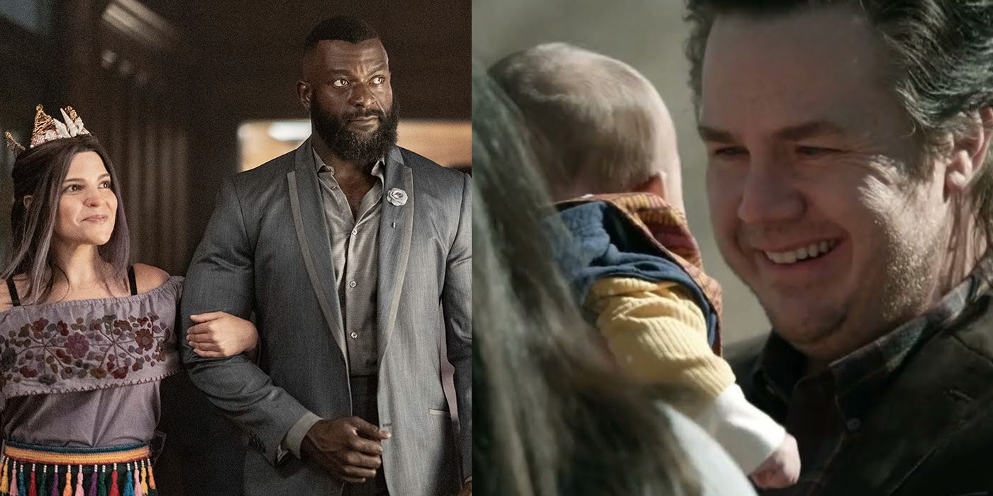 Split image of Princess and Mercer and Eugene holding his baby from The Walking Dead