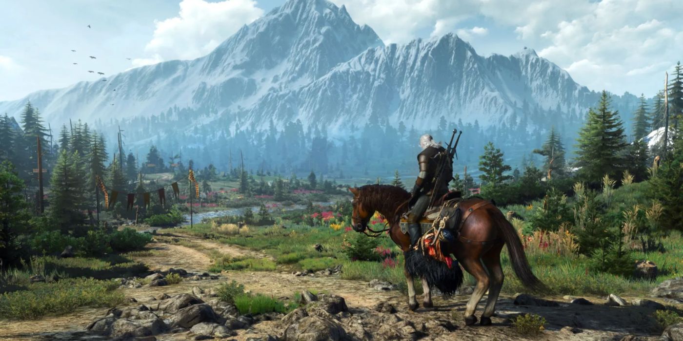 The Witcher 3 next-gen still featuring Geralt on Roach overlooking the natural landscape.