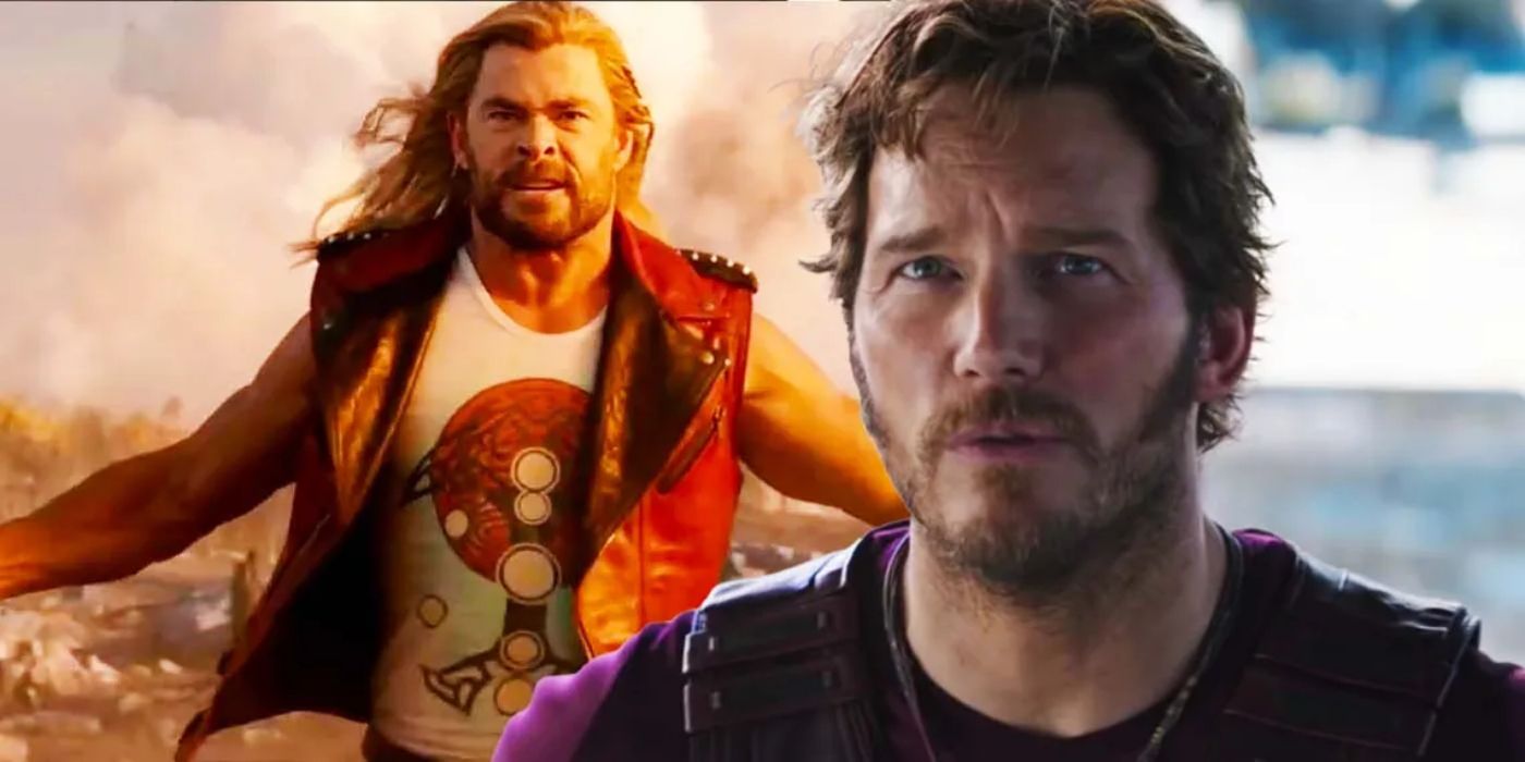 Split Image of Thor (Christ Hemsworth) doing the splits and Star-Lord (Christ Pratt) having a heartfelt momentin Love and Thunder