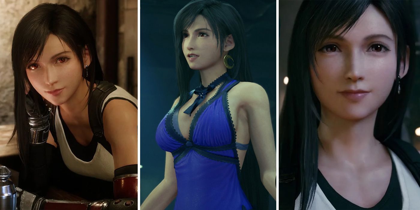 Tifa FF7 Remake split image in 3 Poses wearing her traditional outfit and dress