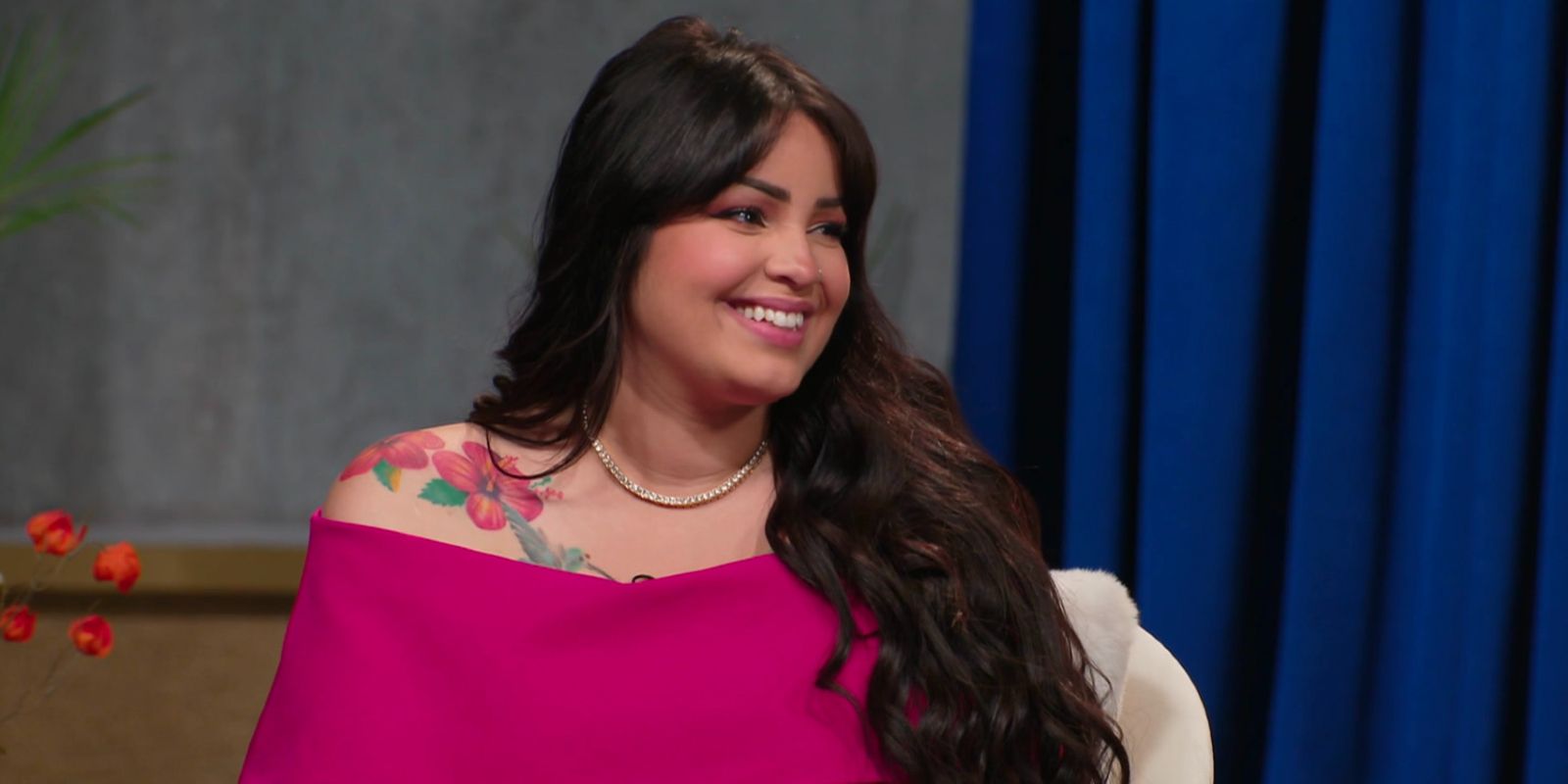 Tiffany Franco from the 90 Day: The Single Life season 3 Tell All wearing pink off shoulder top smiling