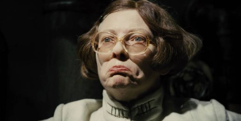 Tilda Swinton as Mason pulling a face in Snowpiercer