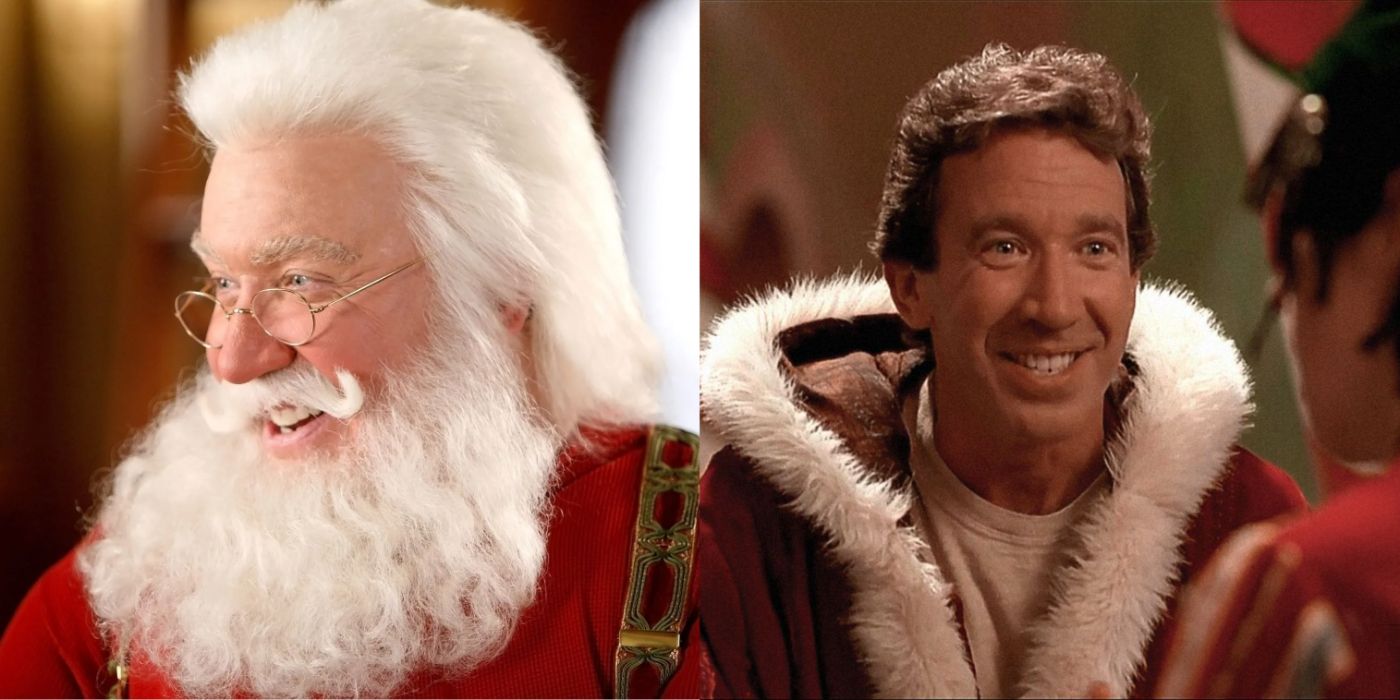 This is a split image of Tim Allen in The Santa Claus franchise.