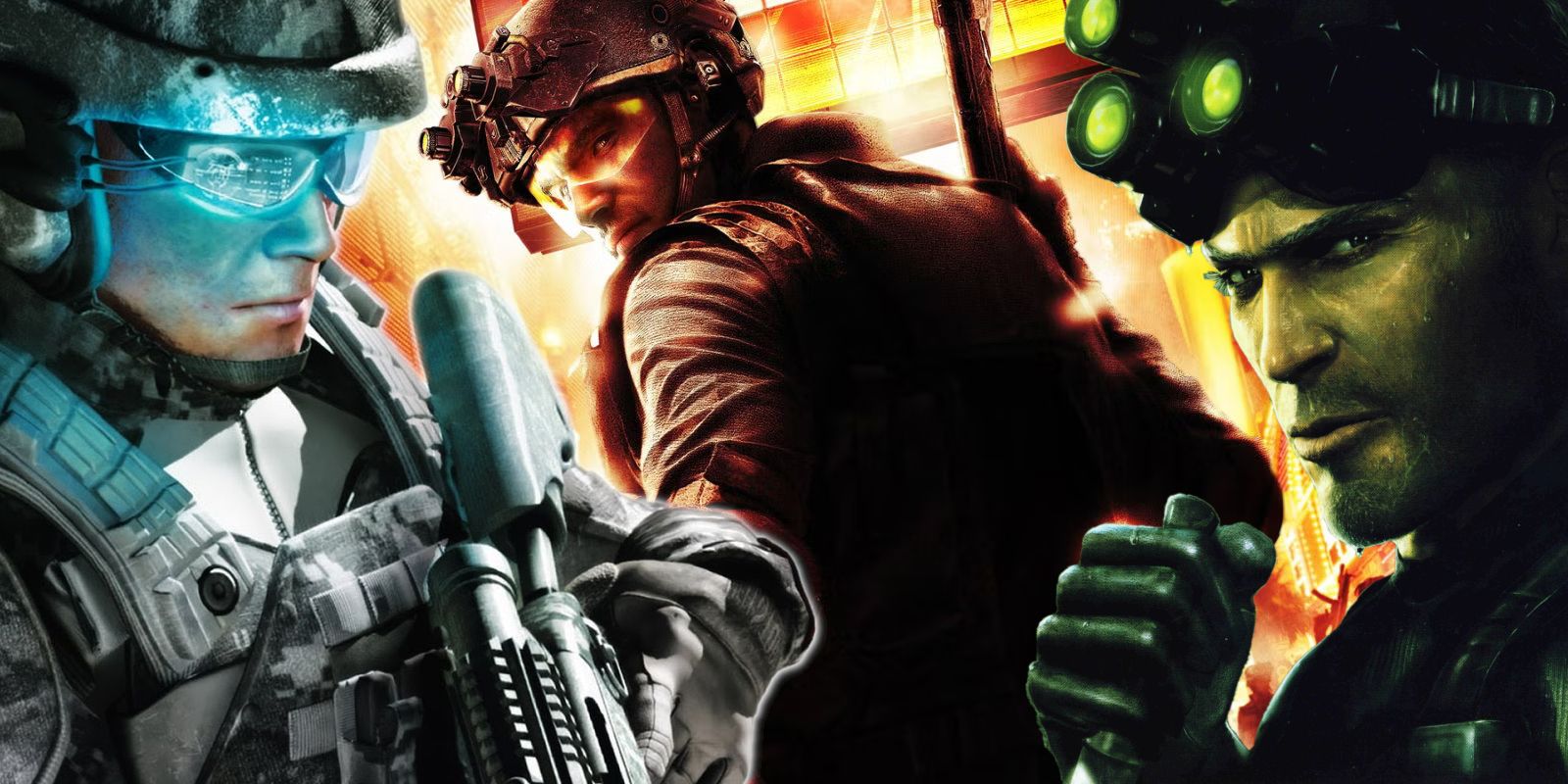 Three characters from the Tom Clancy series overlaid into one image. Scott Mitchell from Ghost Recon: Advanced Warfighter, Logan Keller from Rainbow Six: Vegas, and Sam Fisher from Splinter Cell.