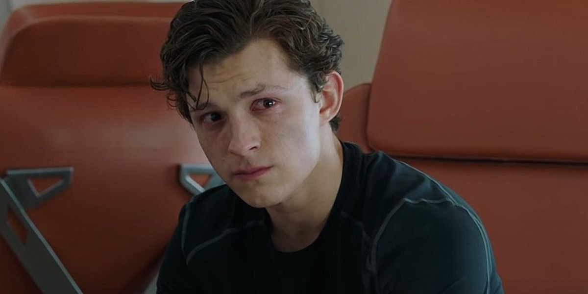 An image of a tearful Peter Parker from the MCU is shown.