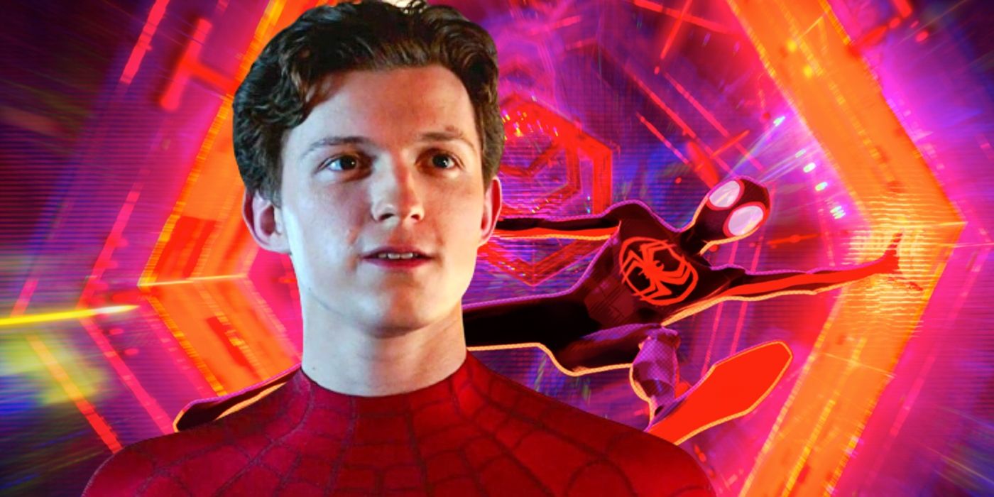 Custom image of Tom Holland juxtaposed with Spider-Man falling through a portal in Spider-Man:Across the Spider-Verse