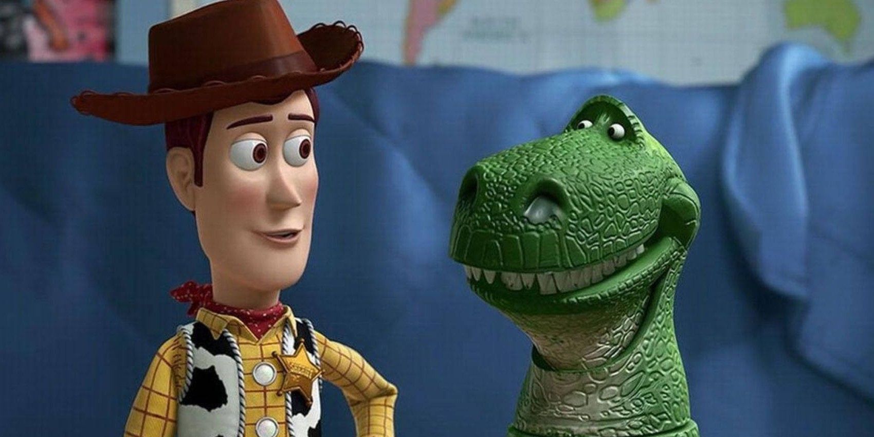 Rex and Woody look at one another in Toy Story 