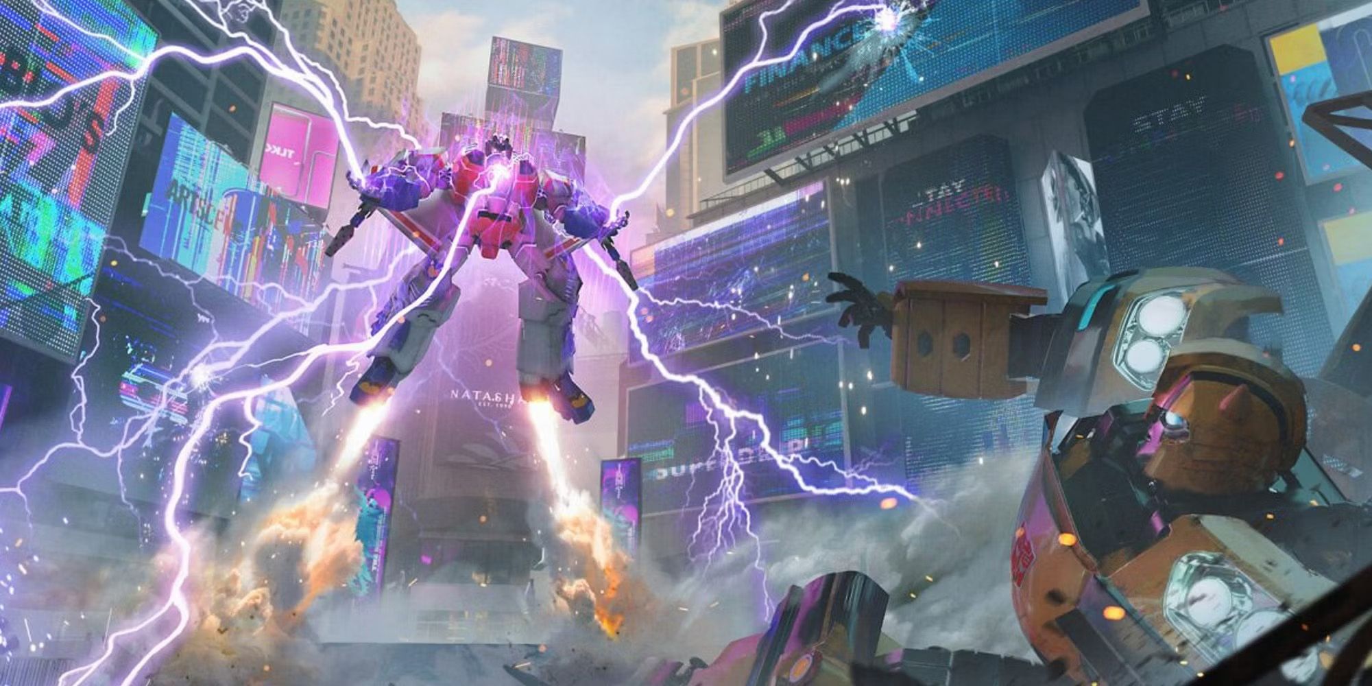 Uma imagem de arte conceitual não confirmada de Starscream e Bumblebee lutando em um jogo Transformers não anunciado.