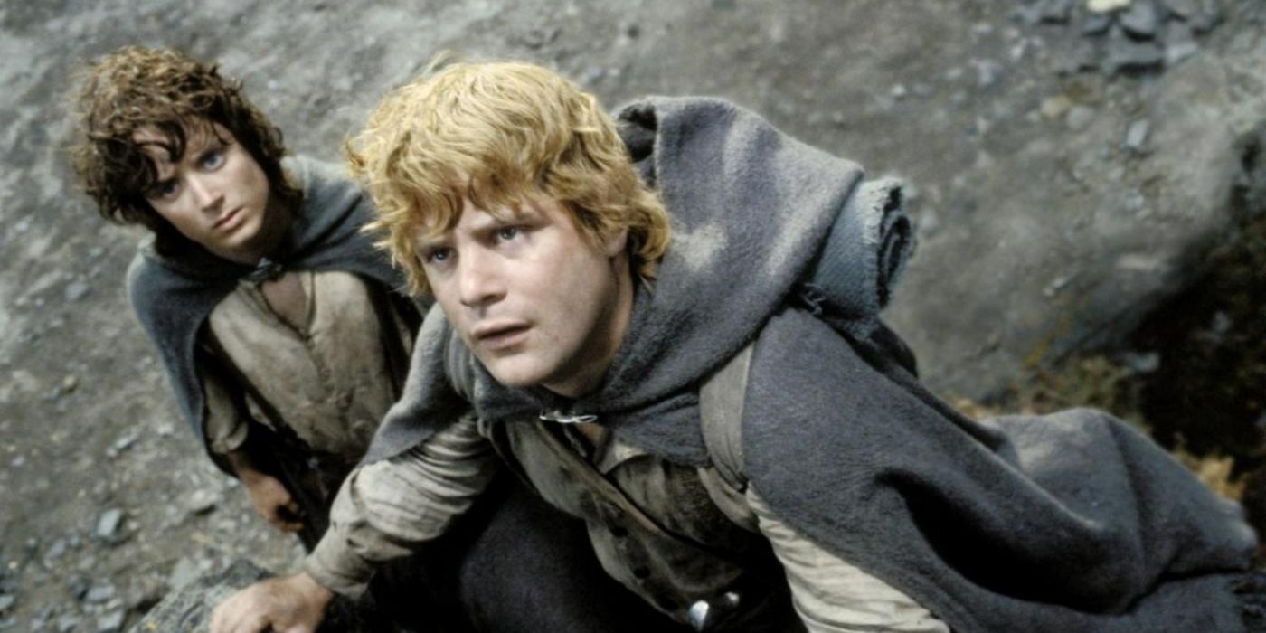 Frodo standing behind Sam as they look serious in Lord Of The Rings