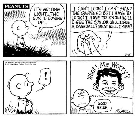 A 4 panel Peanuts strip crossing over with Mad Magazine's Alfred E. Neuman is shown.