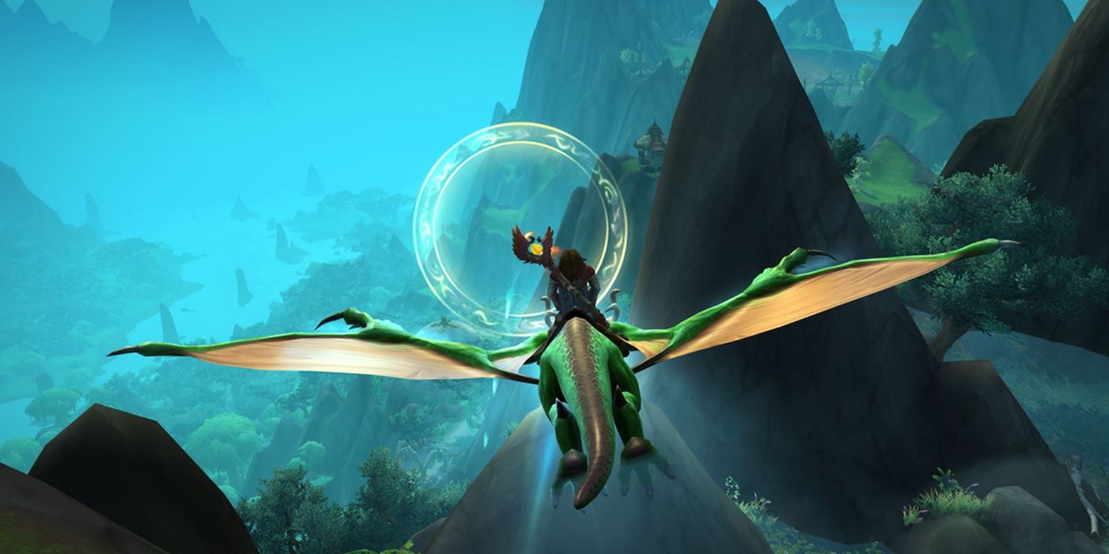 Um Personagem voando em um dragão para o Acordo de Valdrakken