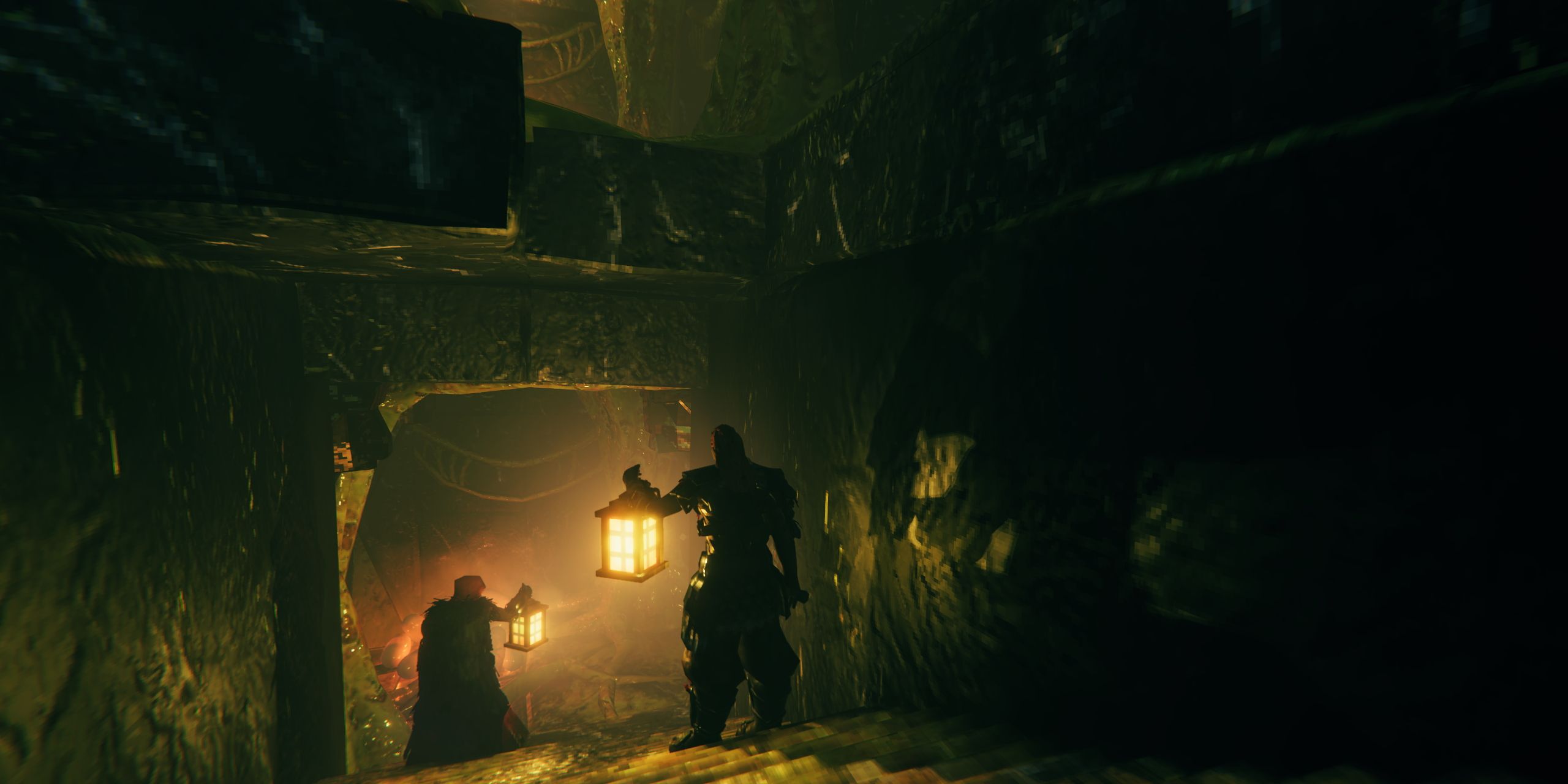 2 characters enter a dark dungeon in the misty lands of Valheim.