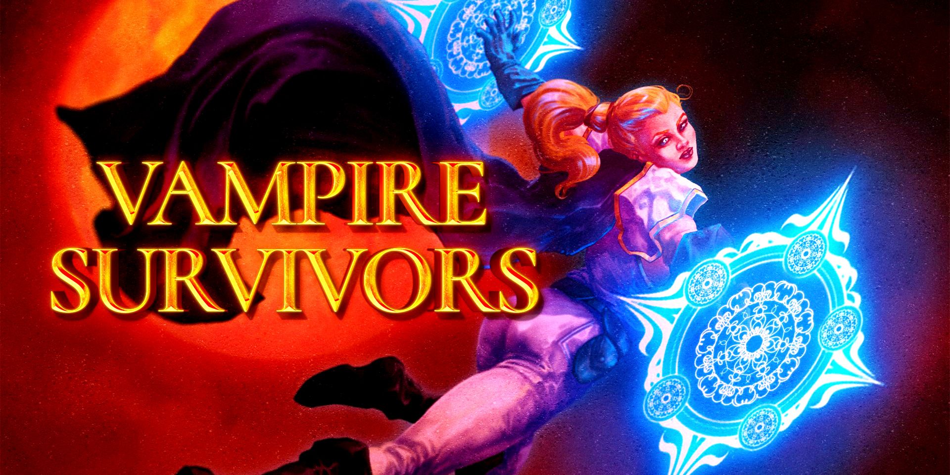 Title art for Vampire Survivors, showing the game's name and a character with two blue, magical discs in her hands.