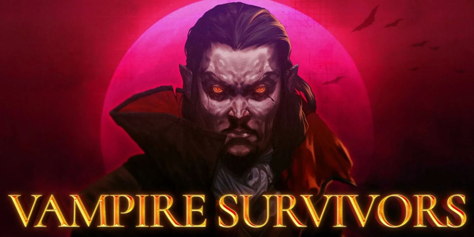 Vampire Survivors logo with a vampire in the center of a red background.