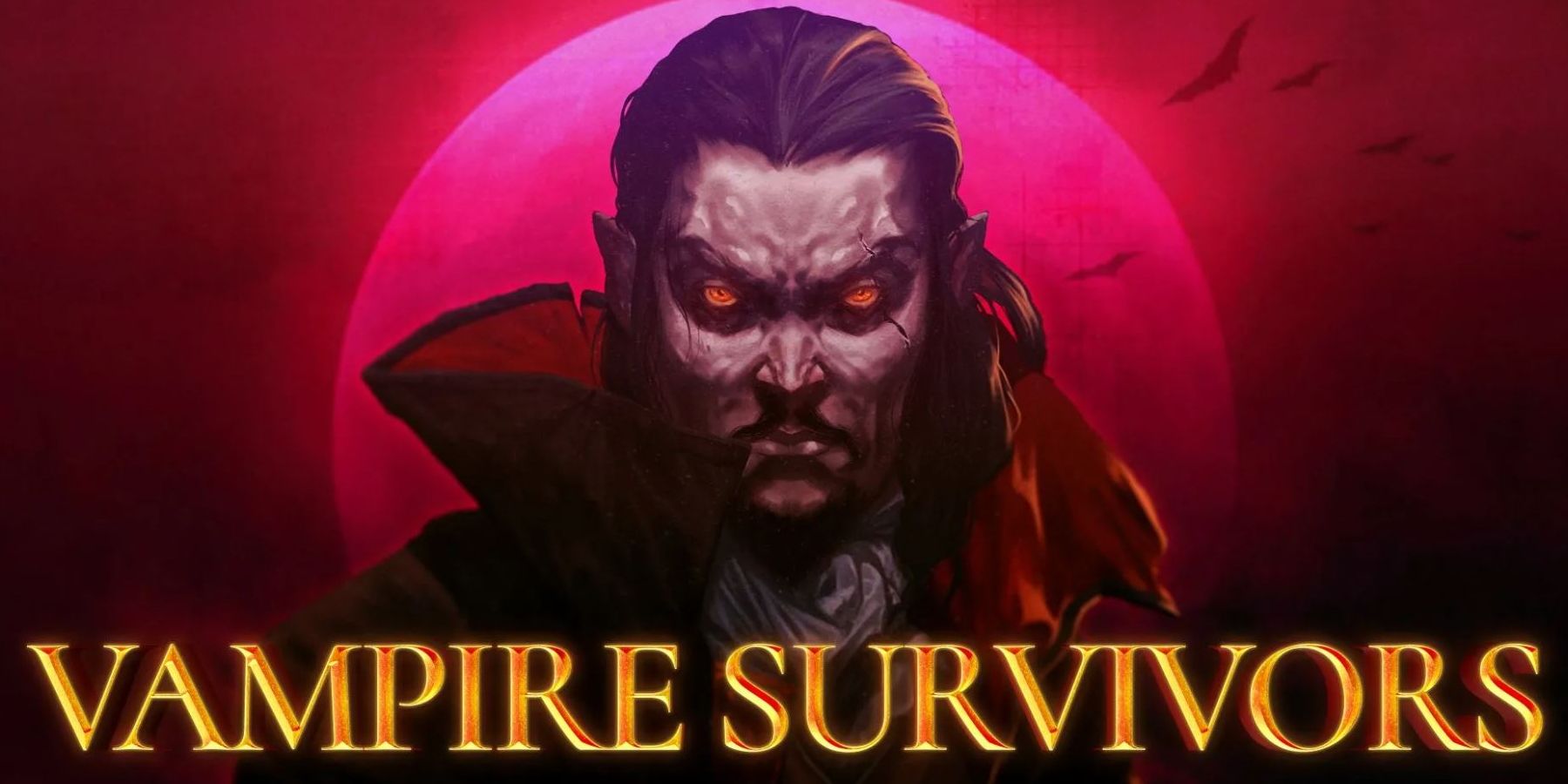 Vampire Survivors logo with a vampire in the middle of a red background.