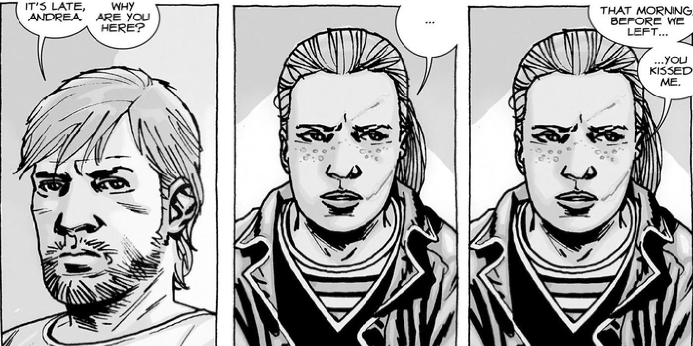 Uma história em quadrinhos de The Walking Dead mostrando Rick conversando com Andrea.
