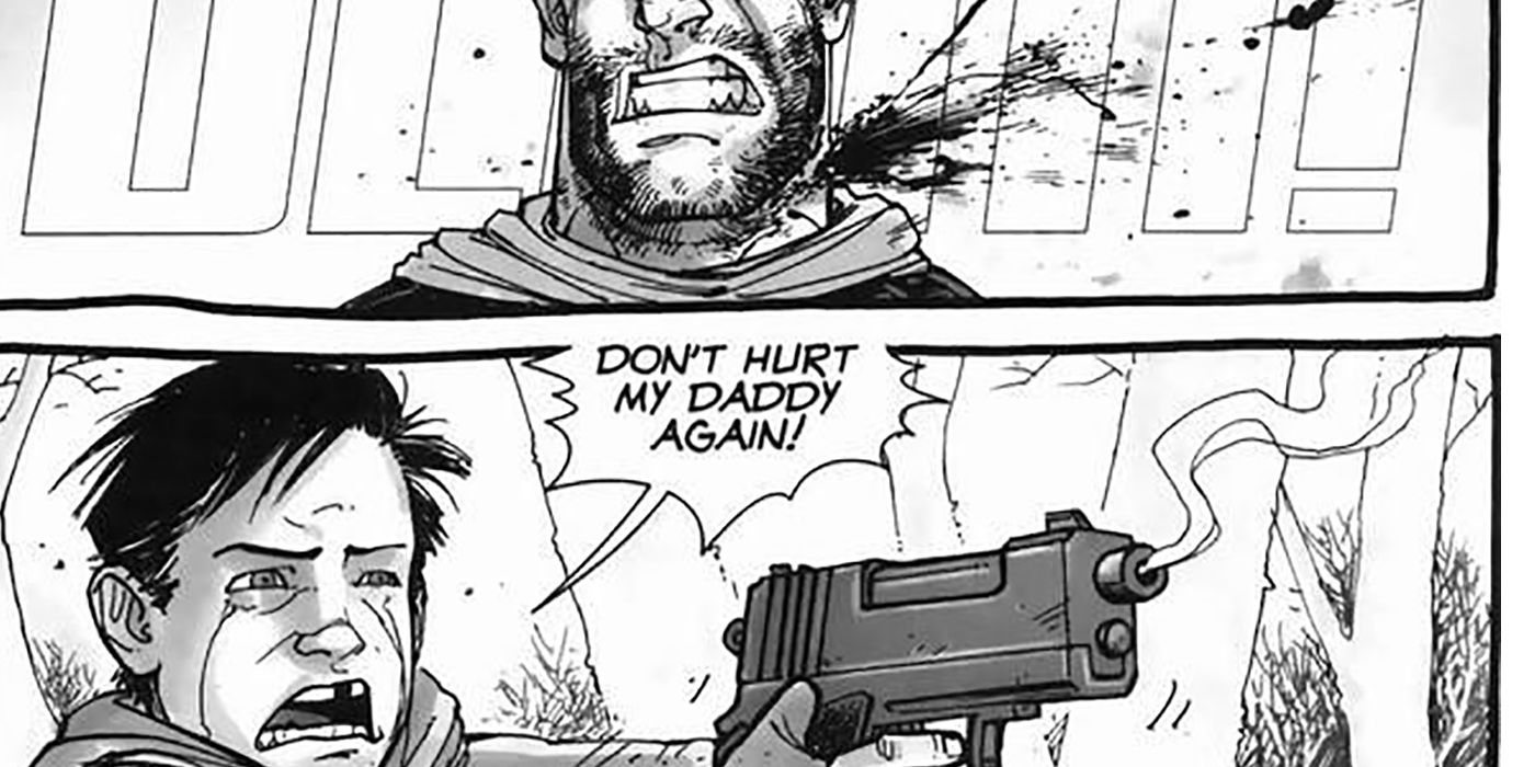 Carl dos quadrinhos de The Walking Dead segurando uma arma na metade inferior da imagem, a boca de Shane assustada na parte superior.