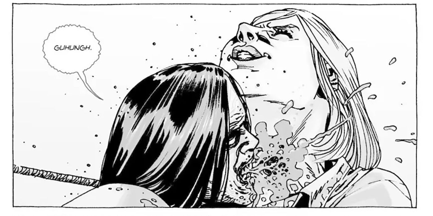 Carol dos quadrinhos de The Walking Dead sendo mordida por um zumbi.
