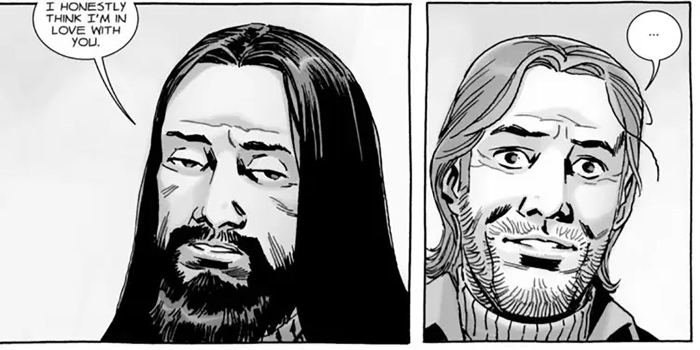 Dividir imagens cômicas de Jesus e Aaron de The Walking Dead, Jesus proclamando seu amor.