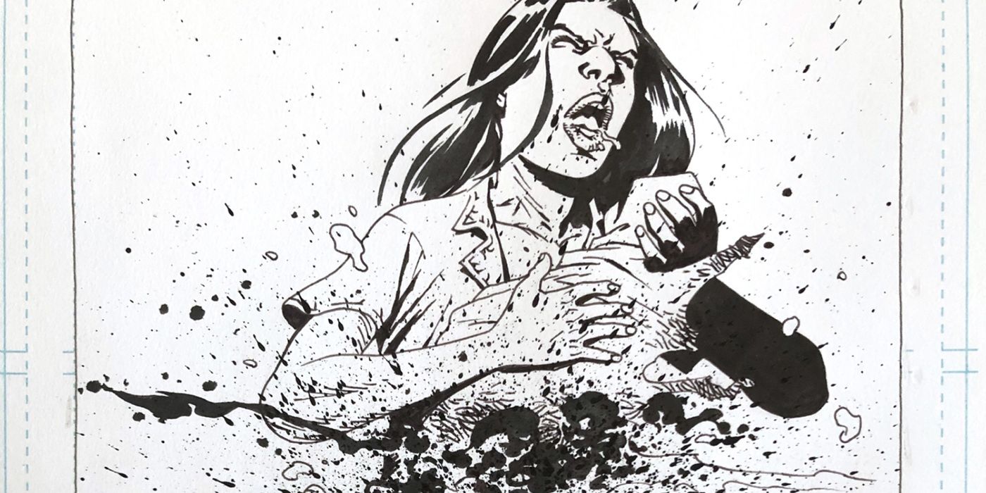Lori correndo com a bebê Judith nos quadrinhos de The Walking Dead, sangue espirrando por toda parte.