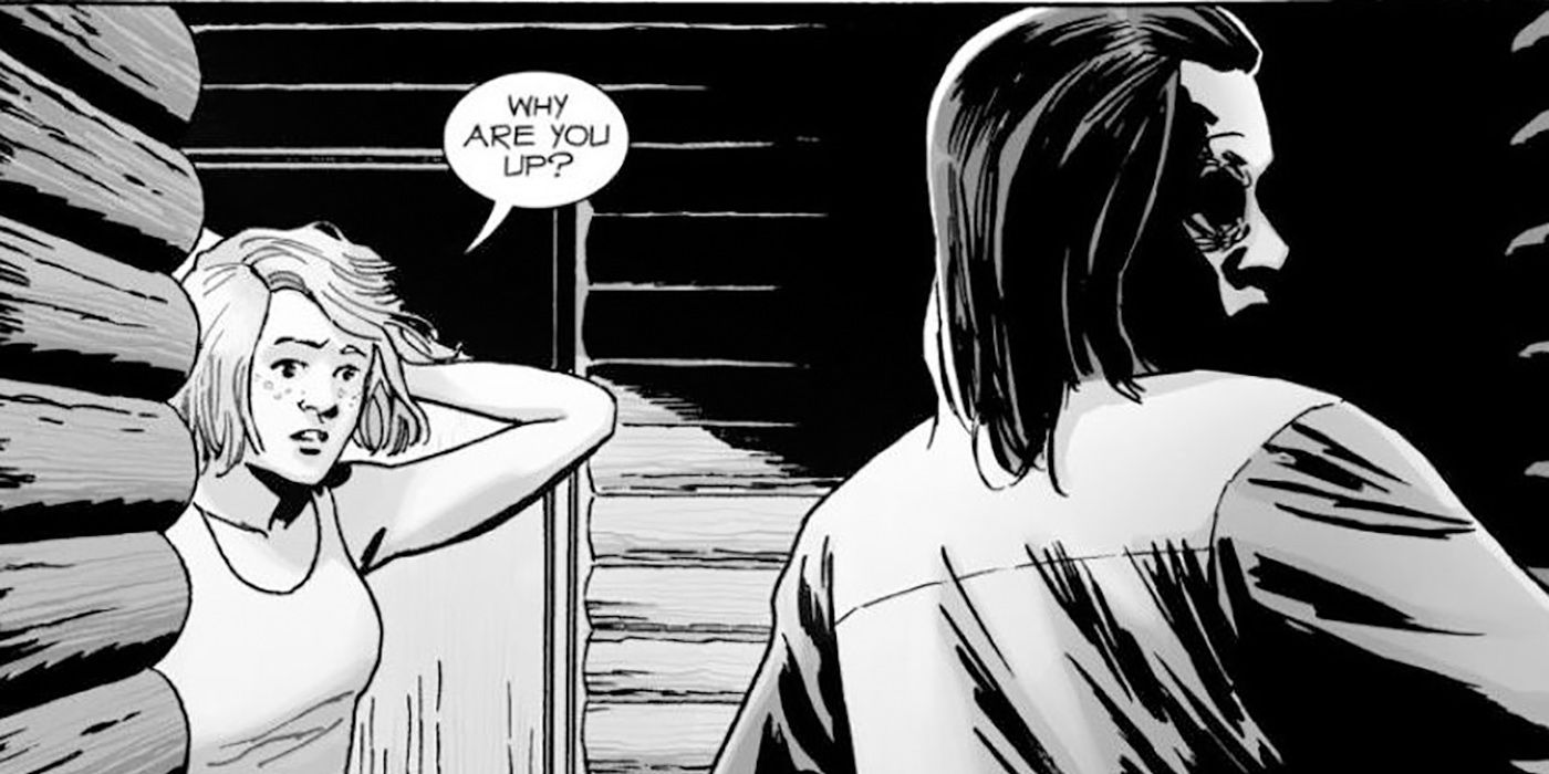 Sophia parada em uma porta nos quadrinhos de The Walking Dead, Carl olhando para trás na outra direção.