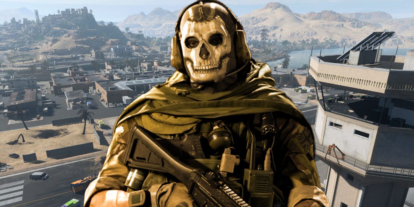 Image of Ghost from Call of Duty: Modern Warfare 2 (2022) stood in front of an aerial shot of Warzone 2's Al Mazrah map.