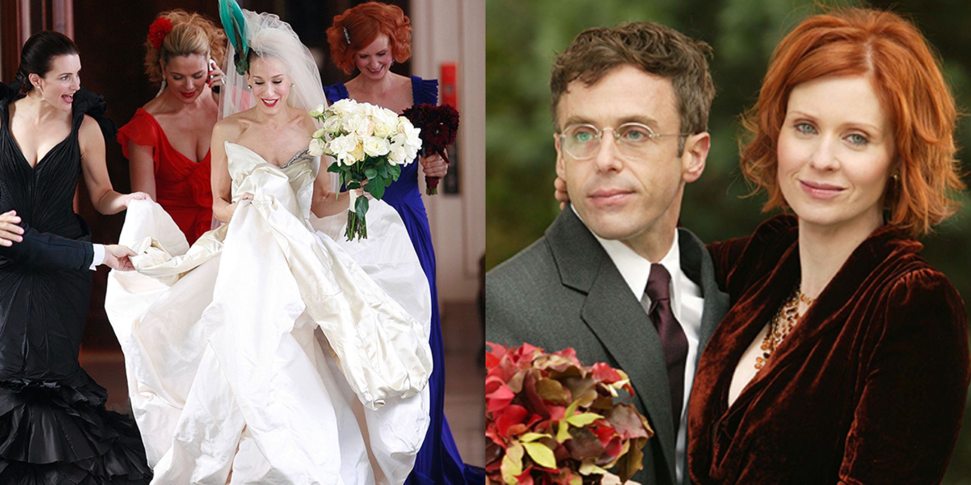 Split image showing Carrie and Miranda's weddings in Sex and the City.