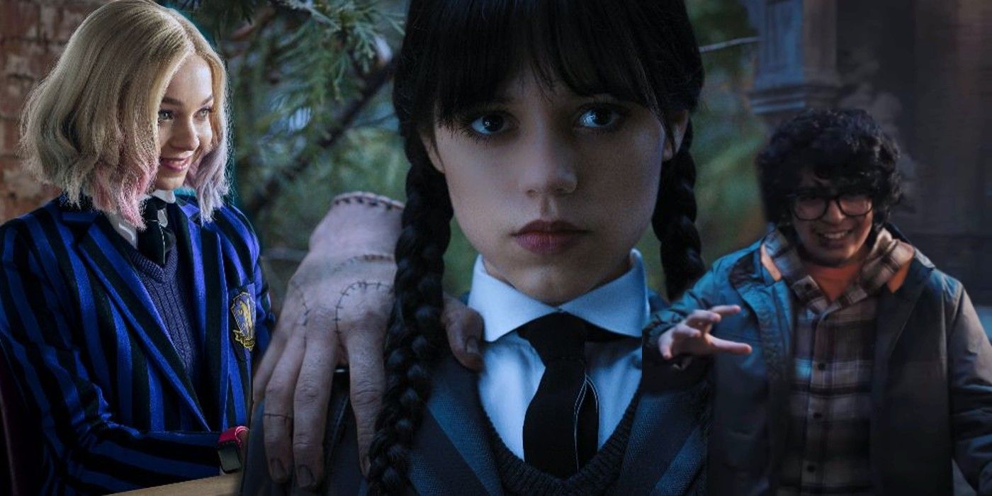 Wednesday Addams, with Thing on her shoulder, flanked by Enid on her left and Eugene on her right in Wednesday
