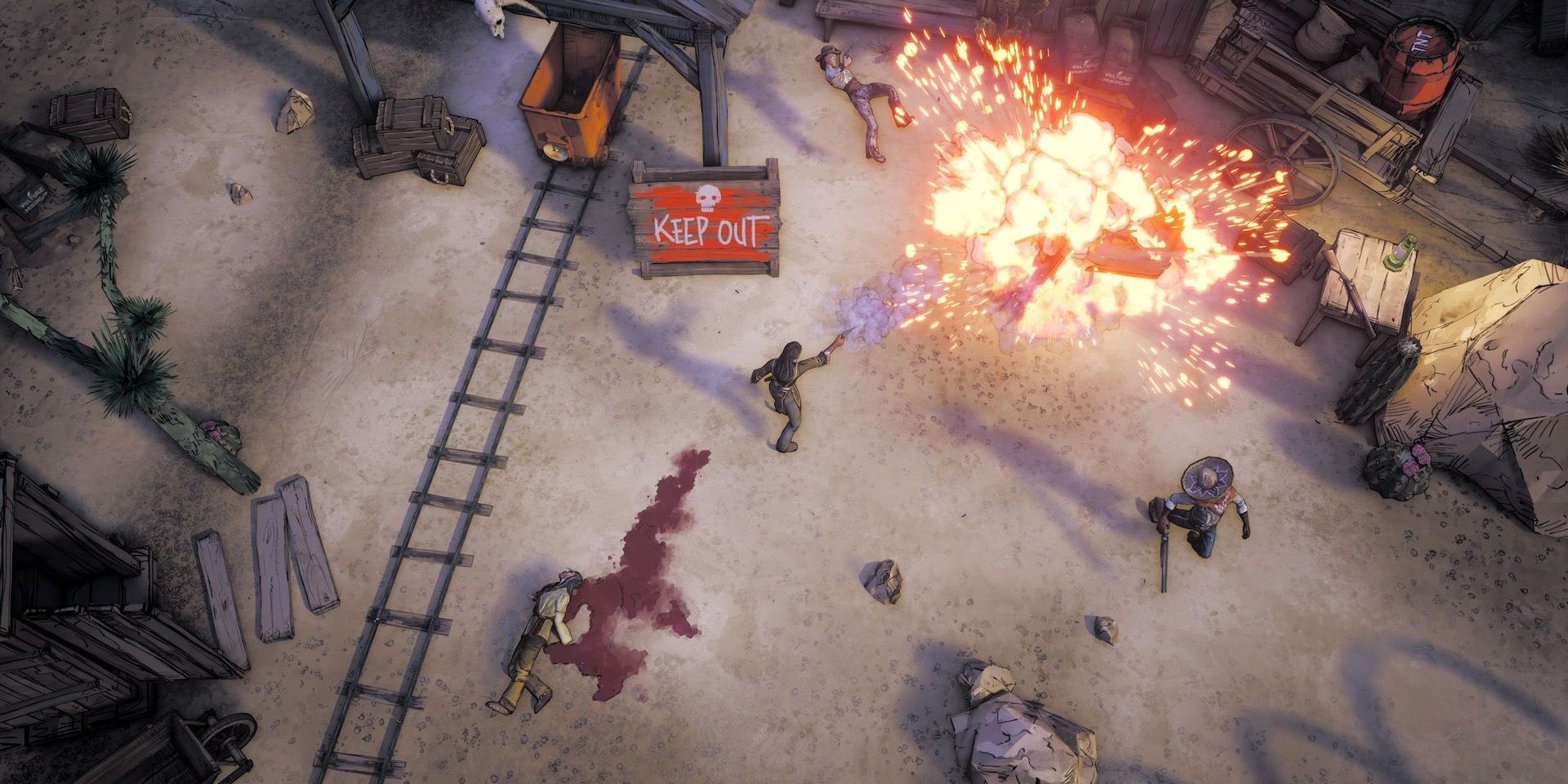 Jogabilidade de Weird West com o jogador atirando em um explosivo