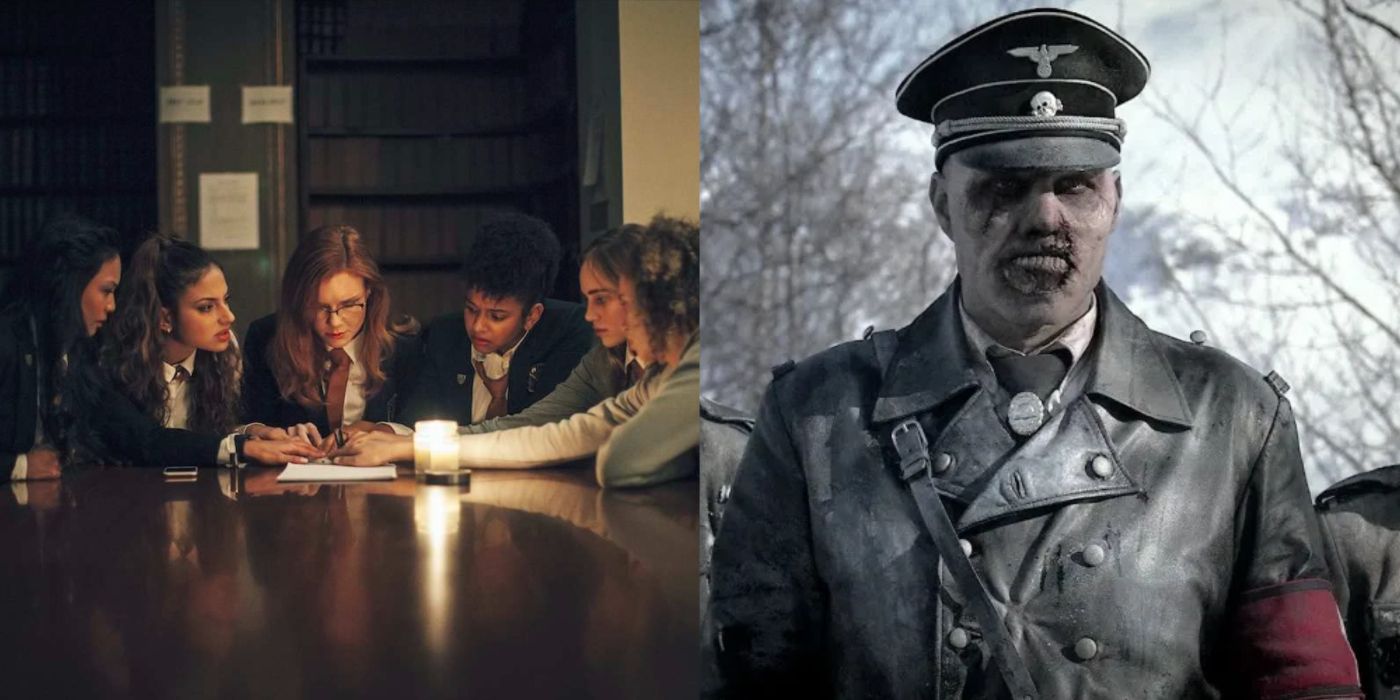 A group of girls gathering around touching hands at a table in Seance (2021) and a zombie Nazi in Dead Snow. 