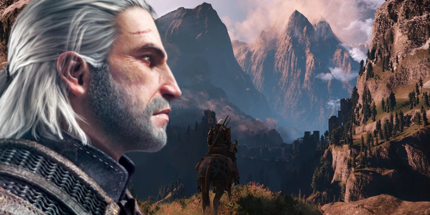 Witcher 3's Geralt in front of mountains background from Witcher upgrade trailer
