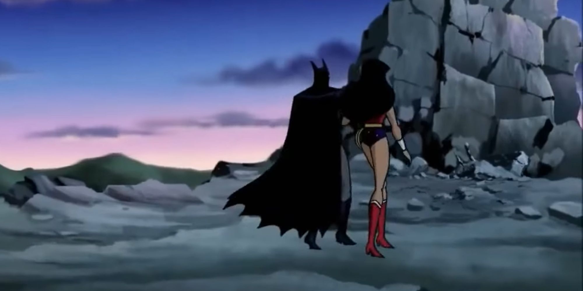 Mulher Maravilha levando Batman para dançar na Liga da Justiça