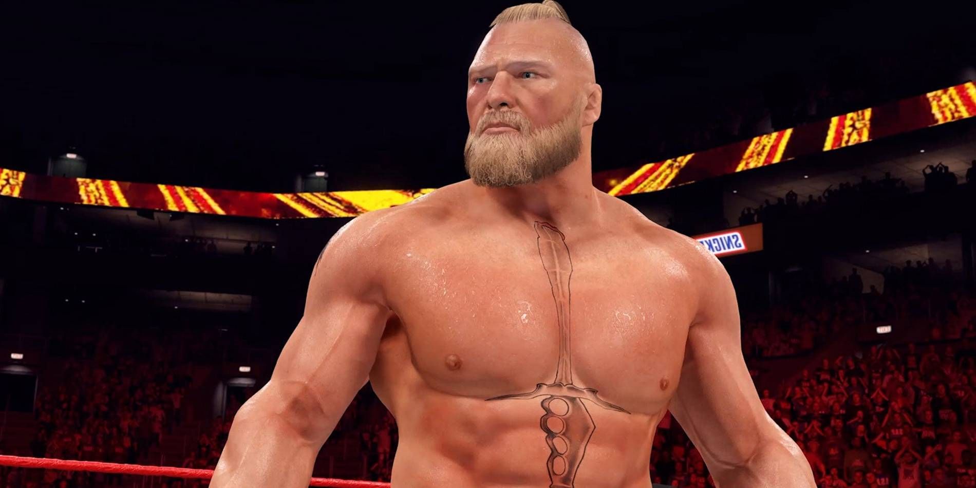 WWE 2K22 Brock Lesnar with a Beard Ready to Wrestle Against Opponents in One of Several Game Modes