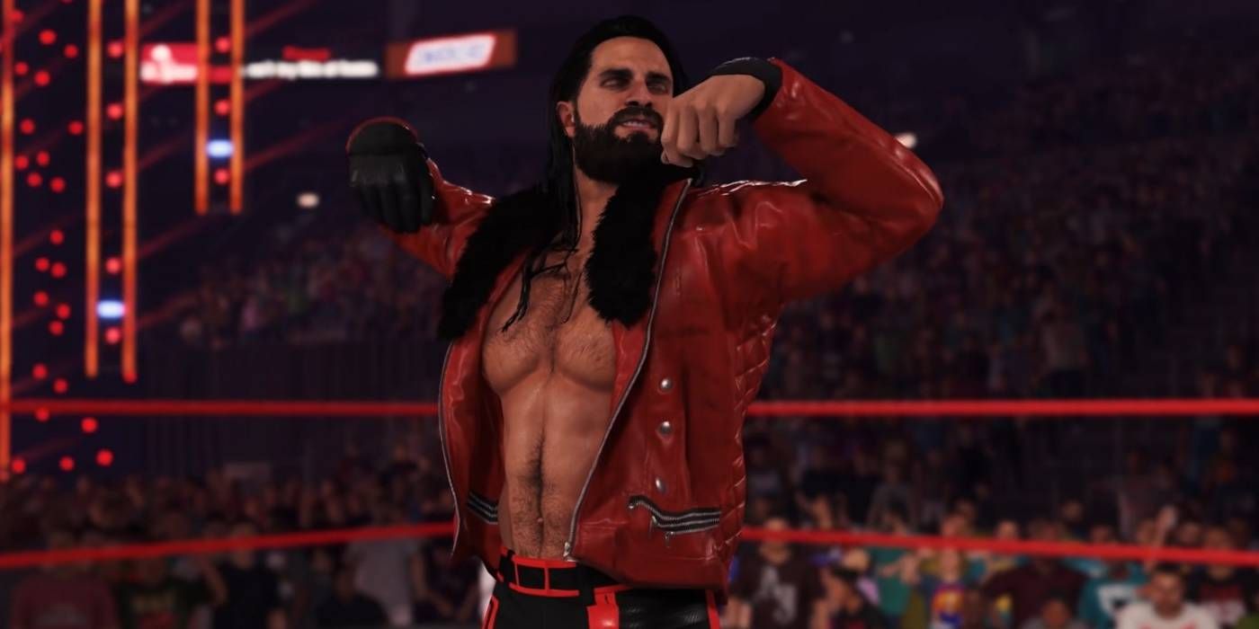 WWE 2K22 Seth Rollins On Stage Promoting Himself in the Ring Wearing Red Leather Jacket