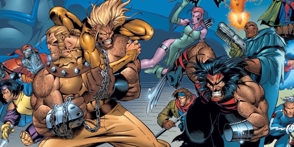 Vários heróis e vilões brigam na história em quadrinhos dos X-Men da Era do Apocalipse