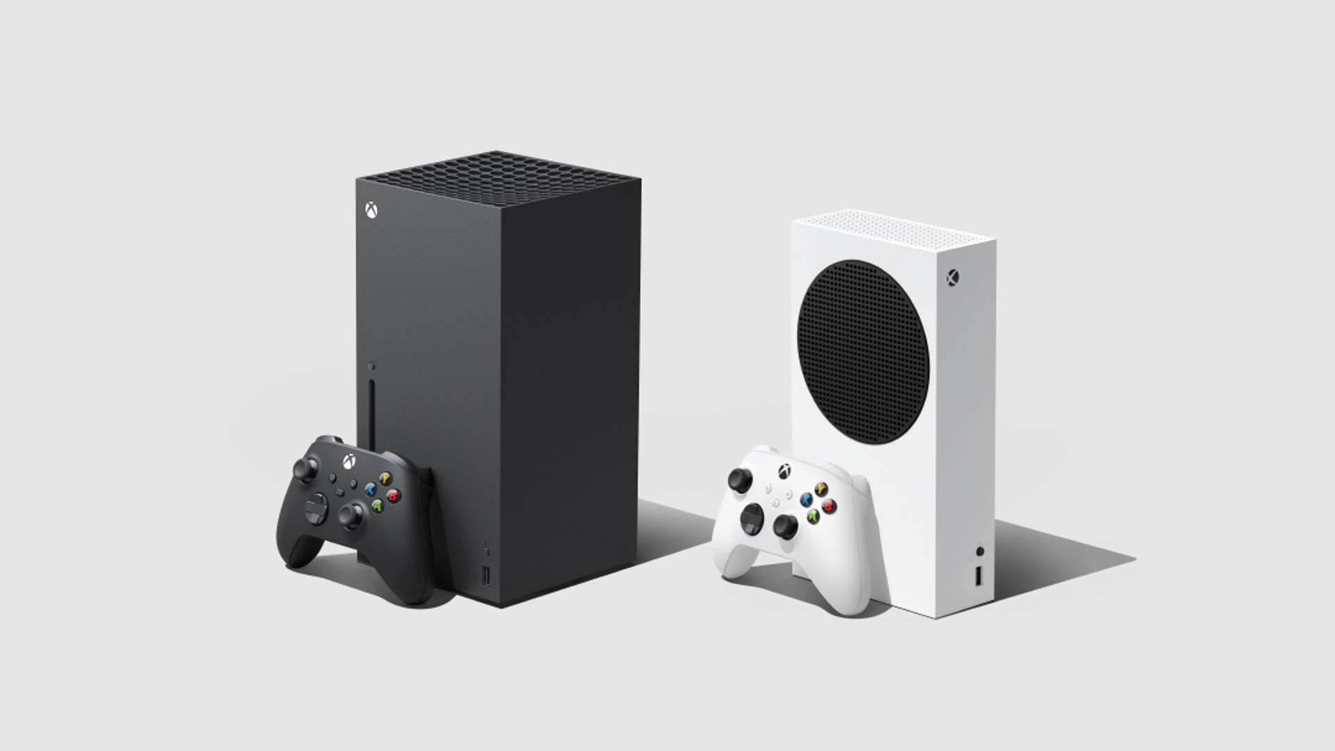 Arte oficial do Xbox Series X e Series S Vista angular de ambos os consoles