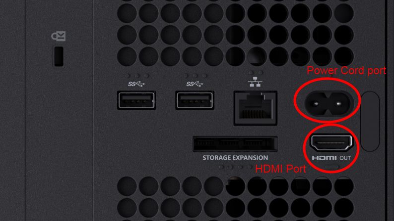 Portas do cabo de alimentação e HDMI do Xbox Series X marcadas