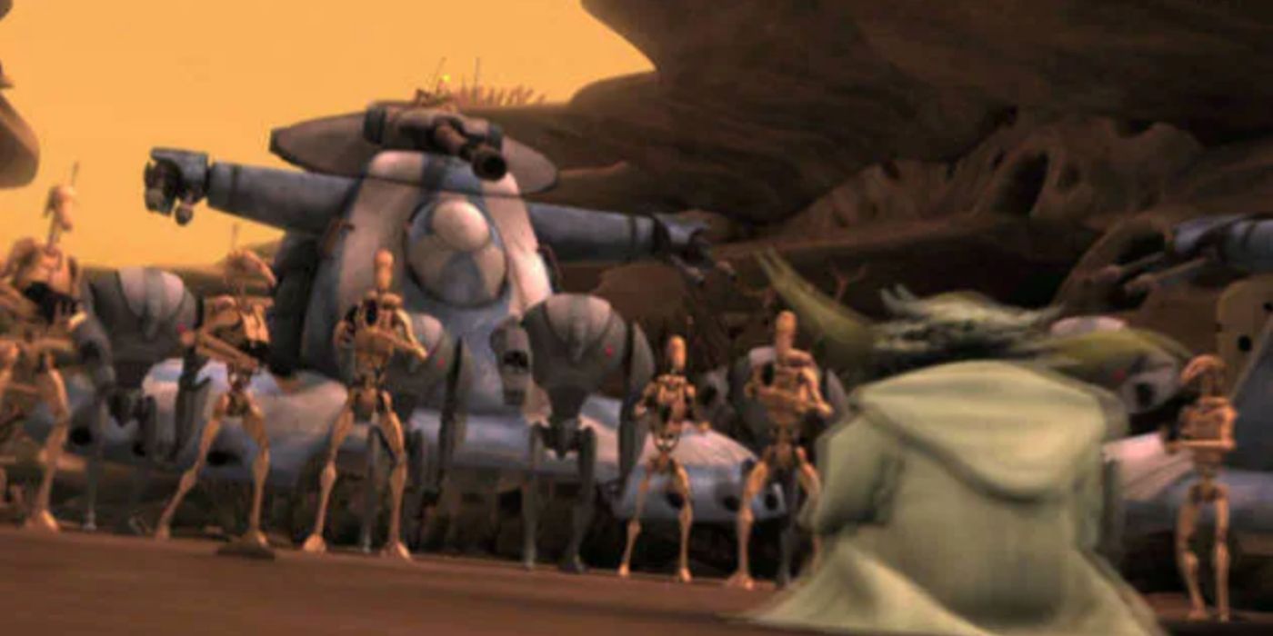 Yoda fights Battle Droids in The Clone Wars
