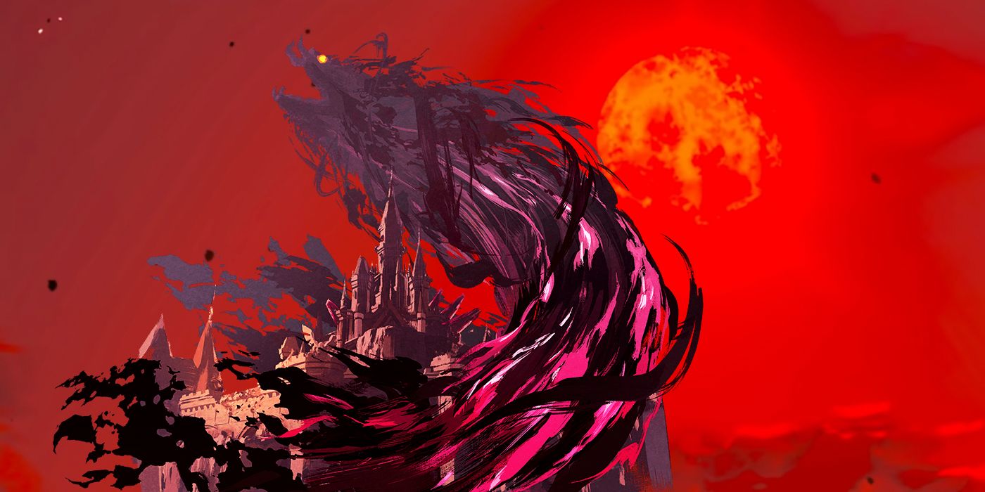 Arte de Calamity Ganon cercando o Castelo de Hyrule em frente a um fundo mostrando a Lua de Sangue de Breath of the Wild.