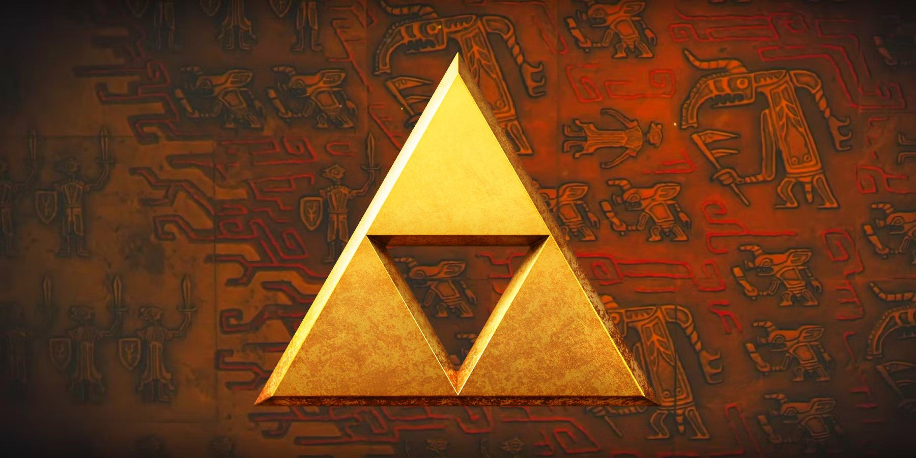 The Triforce from The Legend of Zelda in front of a stone relief showing a conflict from a Tears of the Kingdom trailer.
